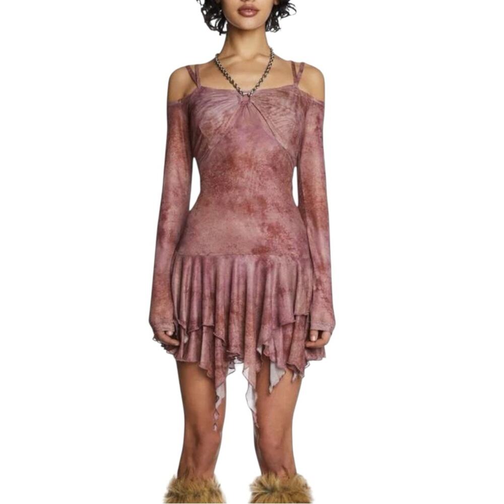 The Ragged Priest Banshee Mauve Off The Shoulder Long Sleeve Chain Mini Dress 10